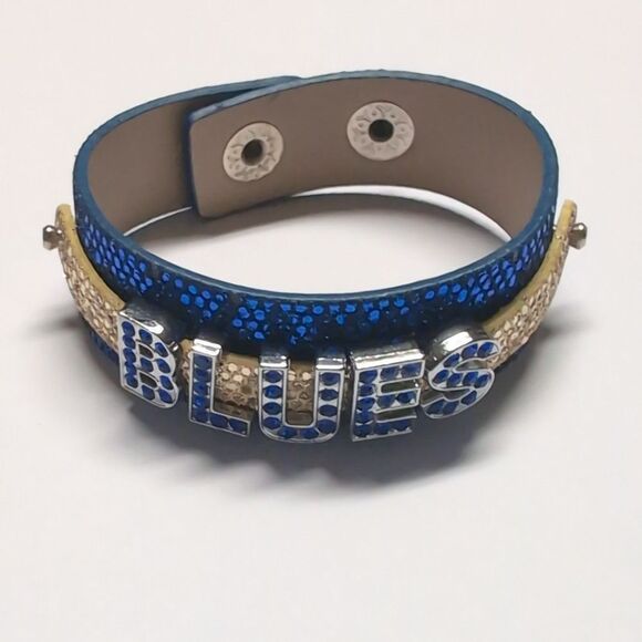 300 Sparky Yellow and Blue Silver with Rhinestones BLUES Cuff Bracelet - Picture 3 of 6